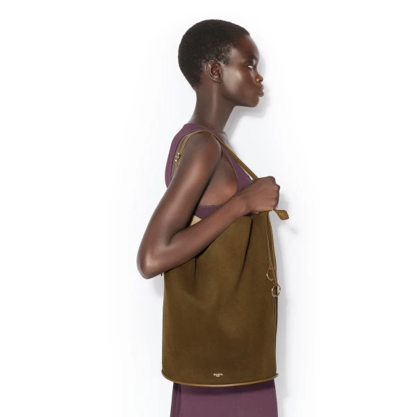 Alaia Hip Large Bucket Bi-Material Bag in Leather, Khaki | Bucket Bags | Coveti