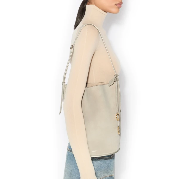 Alaia Hip Small Bucket Bi-Material Bag in Leather, Beige Grey | Bucket Bags | Coveti
