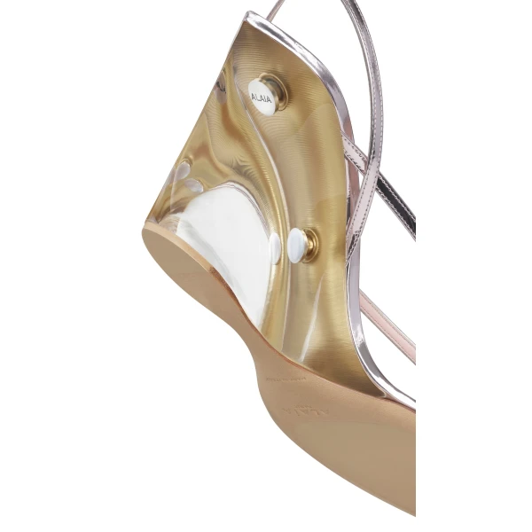 Alaia Invisible Thong Sandals in Mirror Calfskin, Blush and Silver | Sandals | Coveti