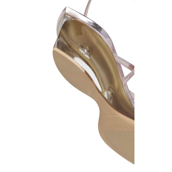 Alaia Invisible Thong in Mirror Calfskin, Blush and Silver | Sandals | Coveti