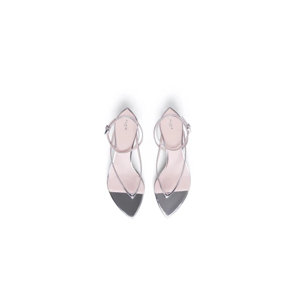 Alaia Invisible Thong in Mirror Calfskin, Blush and Silver | Sandals | Coveti