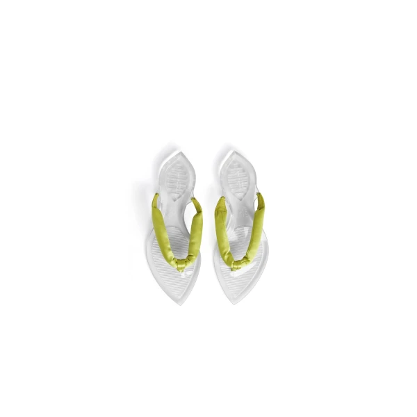 Alaia Invisible Thong in Satin, Lime | Sandals | Coveti