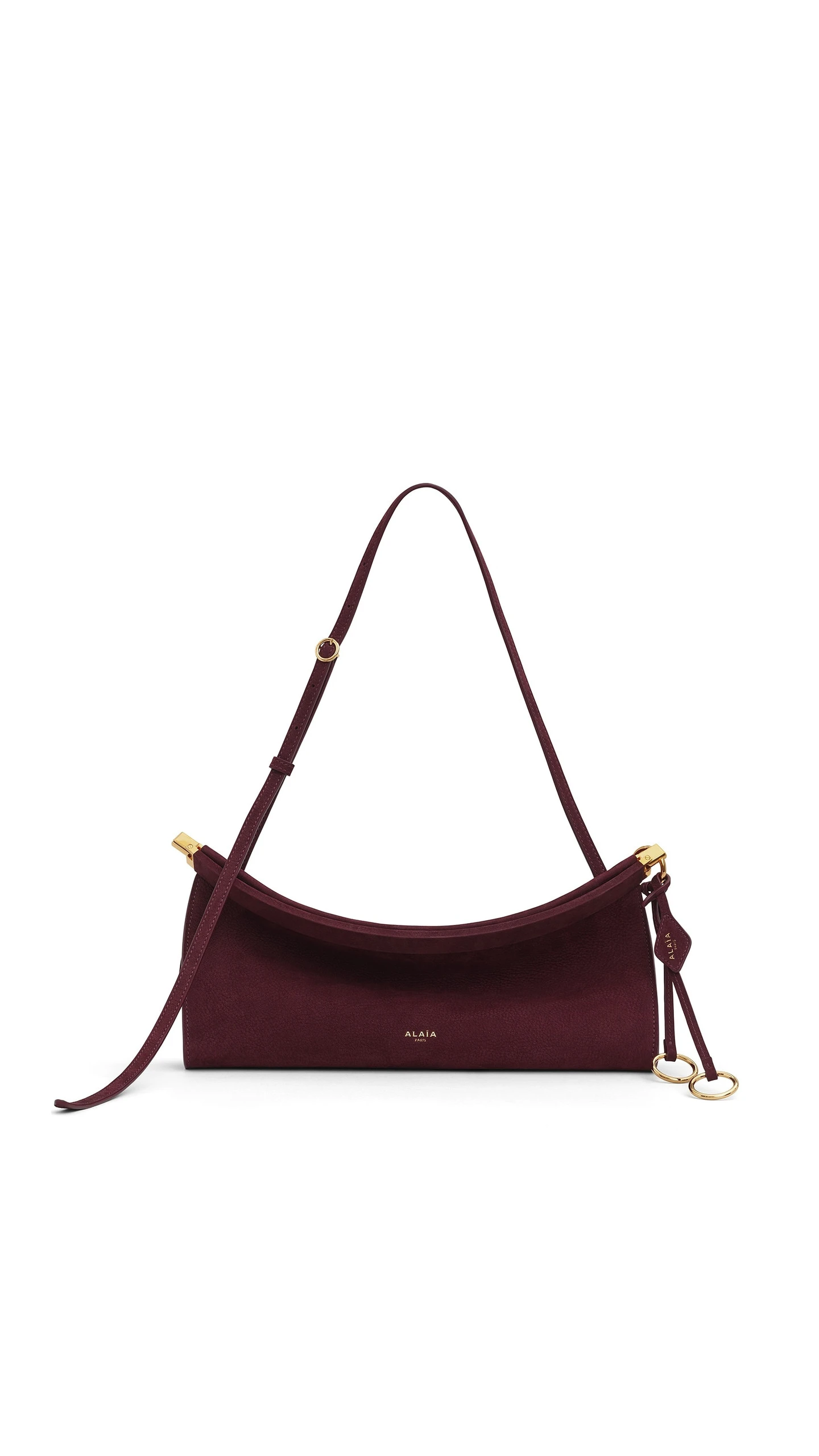 Alaia Le Click East West Medium Bag in Nubuck, Garnet Red Alaia Le Click East West Medium Bag in Nubuck, Garnet Red | Shoulder & Crossbody Bags | Coveti