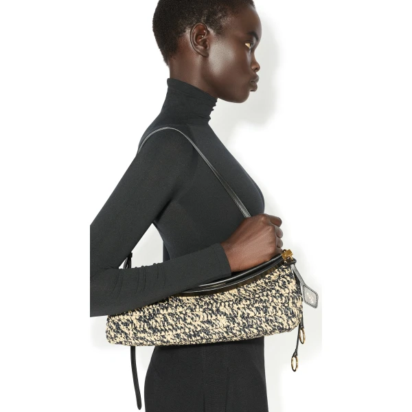 Alaia Le Click East West Medium Bag in Raffia, Natural and Black | Shoulder & Crossbody Bags | Coveti