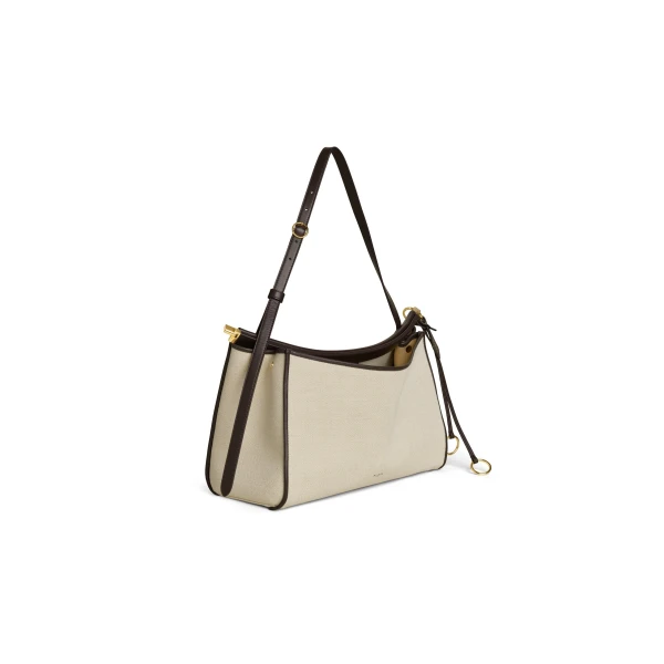 Alaia Le Click Pocket 35 Bag in Canvas, Natural and Brown | Shoulder & Crossbody Bags | Coveti