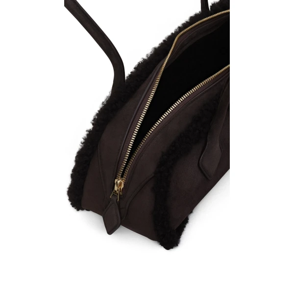 Alaia Le Teckel Medium Bag in Merino Shearling, Chestnut | Shoulder & Crossbody Bags | Coveti