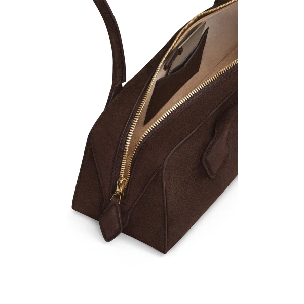 Alaia Le Teckel Medium Bag in Nubuck, Brown and Gold | Shoulder & Crossbody Bags | Coveti