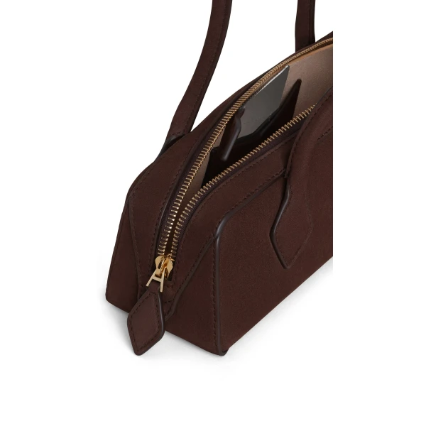Alaia Le Teckel Small Bag in Nubuck, Brown and Gold | Shoulder & Crossbody Bags | Coveti
