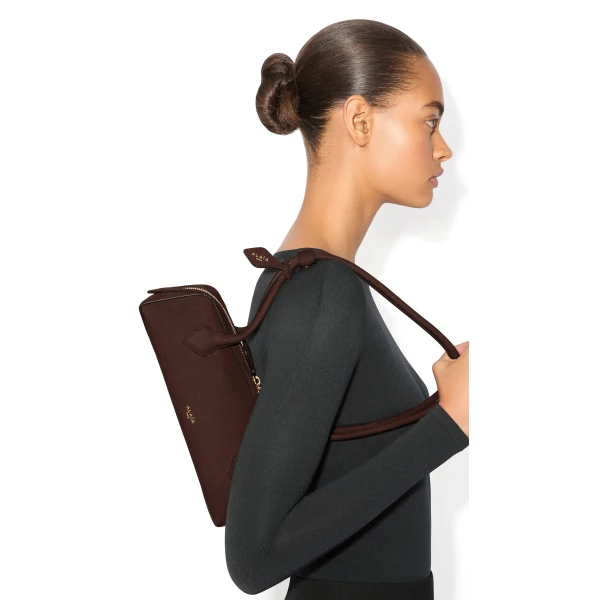Alaia Le Teckel Small Bag in Nubuck, Brown and Gold | Shoulder & Crossbody Bags | Coveti