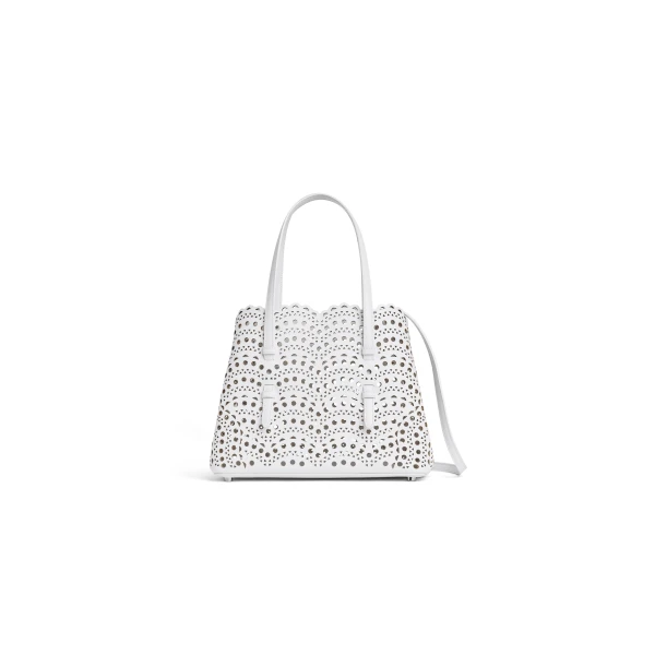 Alaia Mina 25 Bag in Perforated Vienne Calfskin, Off-white | Shoulder & Crossbody Bags | Coveti
