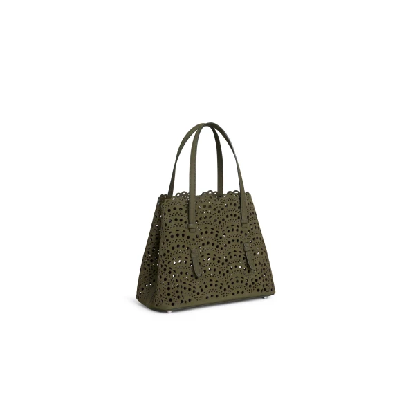 Alaia Mina 25 Bag in Perforated Vienne Nubuck, Khaki | Shoulder & Crossbody Bags | Coveti