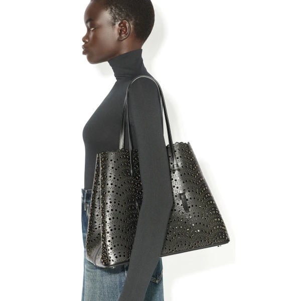 Alaia Mina 37 Bag in Perforated Vienne Calfskin, Black | Shoulder & Crossbody Bags | Coveti