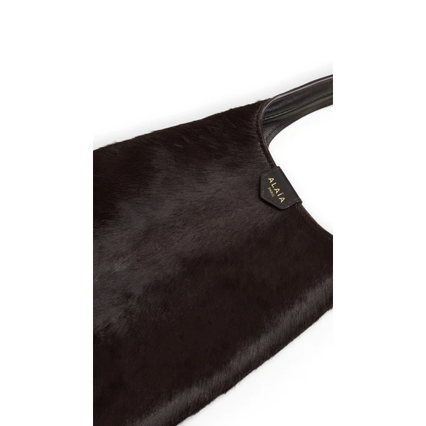 Alaia Mini Hobo Bag in Haircalf, Chocolate | Mini Bags | Coveti