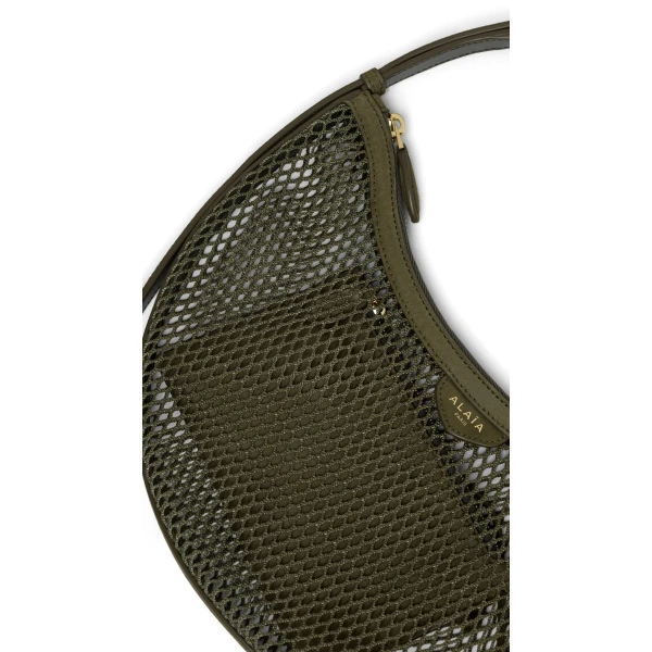 Alaia One Piece Demi Lune Bag in Fishnet and Suede, Khaki | Shoulder & Crossbody Bags | Coveti