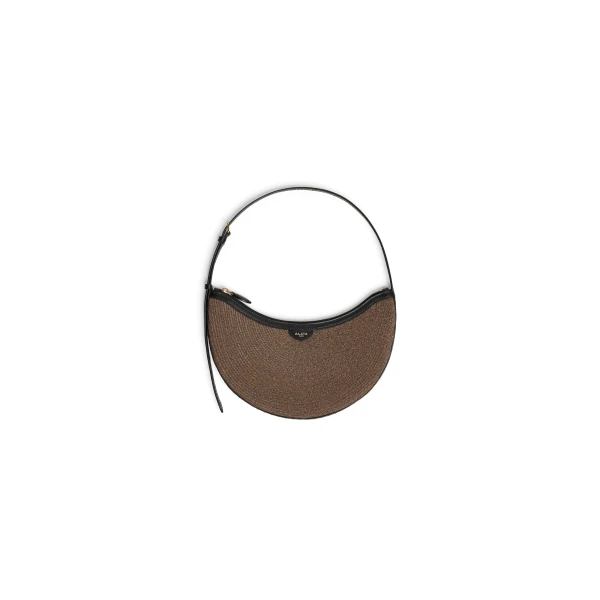 Alaia One Piece Demi Lune Bag in Paper Straw, Brown | Shoulder & Crossbody Bags | Coveti