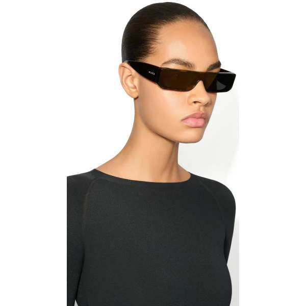 Alaia Rectangular Mask Sunglasses in Tan and Grey, Sleek Frame | Sunglasses | Coveti