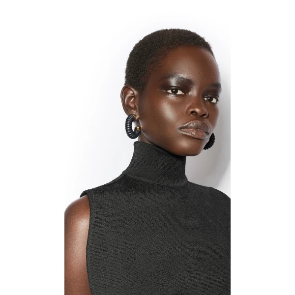Alaia Small Bobine Hoops in Navy and Gold | Earrings | Coveti