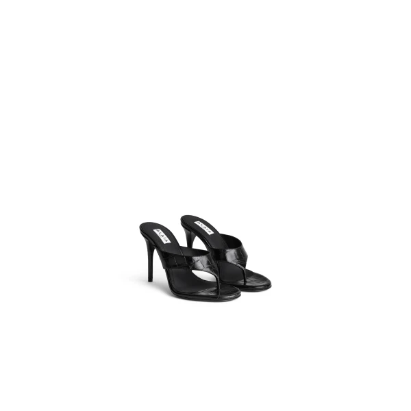 Alaia Thong Mules in Crocodile Embossed Calfskin, Black, 90 mm | Mules | Coveti