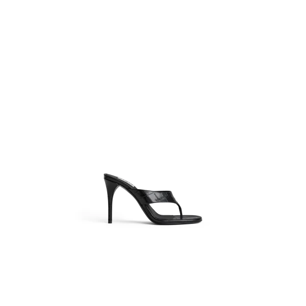 Thong Mules in Crocodile Embossed Calfskin, Black, 90 mm