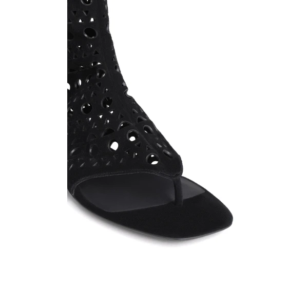 Alaia Vienne High Flat Sandals in Velvet Calfskin, Black | Sandals | Coveti