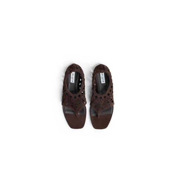 Alaia Vienne Thong Sandals in Velvet Calfskin, Chocolate | Sandals | Coveti