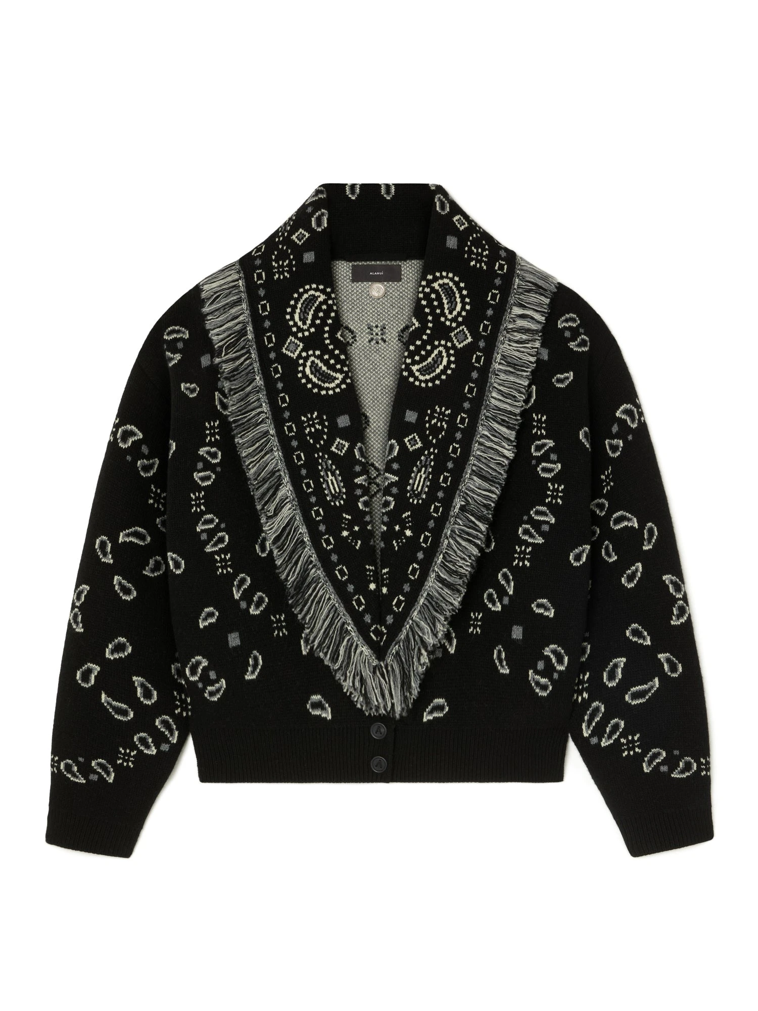 Alanui Bandana Jacquard Cardi-Bomber in Black Multicolour Alanui Bandana Jacquard Cardi-Bomber in Black Multicolour | Cardigan | Coveti