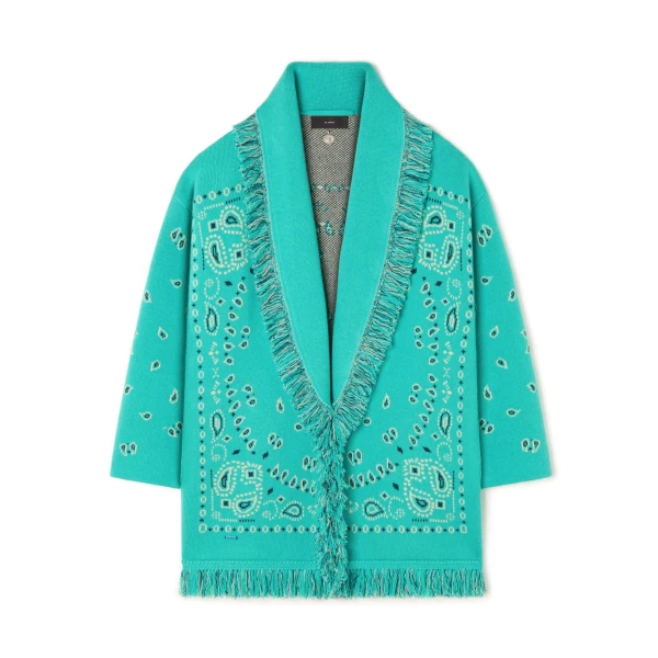 Alanui Bandana Jacquard Cardigan in Reef and Deep Blue | Cardigan | Coveti