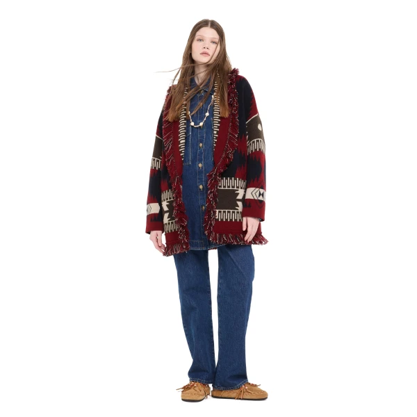 Alanui Icon Jacquard Cardigan in Charcoal and Russet Red
