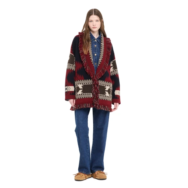 Alanui Icon Jacquard Cardigan in Charcoal and Russet Red