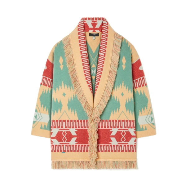 Alanui Icon Jacquard Cardigan in Parrot and Peach | Cardigan | Coveti
