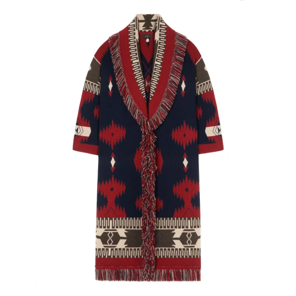 Alanui Icon Jacquard Coat in Charcoal and Russet Red