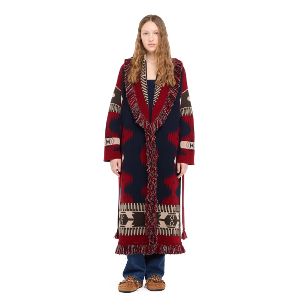 Alanui Icon Jacquard Coat in Charcoal and Russet Red