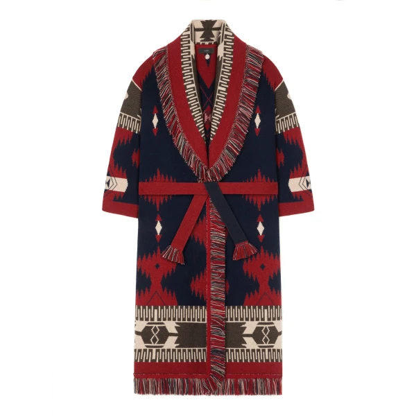Alanui Icon Jacquard Coat in Charcoal and Russet Red