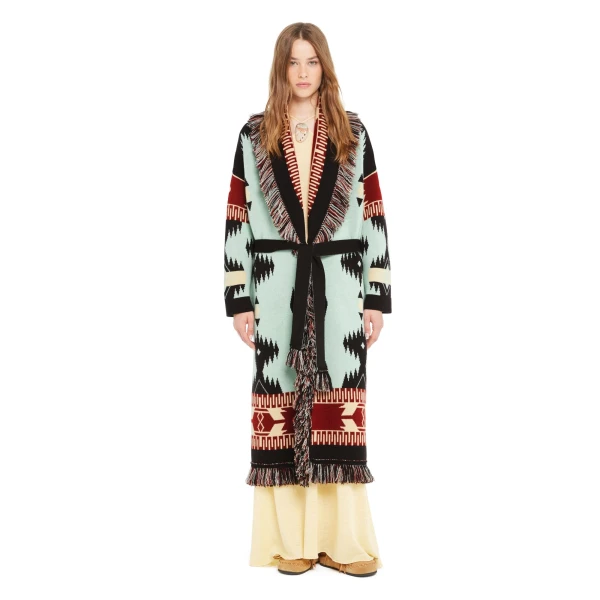 Alanui Icon Jacquard Coat in Wave and Sandal Wood