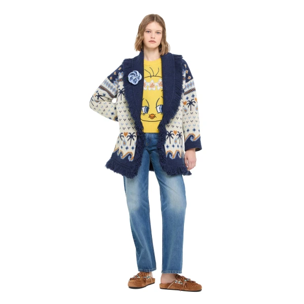 Alanui Sweet Winter Cardigan in Chalk and Midnight Blue