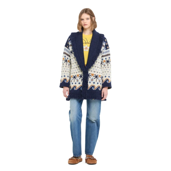 Alanui Sweet Winter Cardigan in Chalk and Midnight Blue