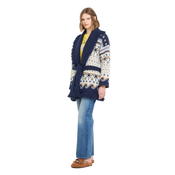 Alanui Sweet Winter Cardigan in Chalk and Midnight Blue