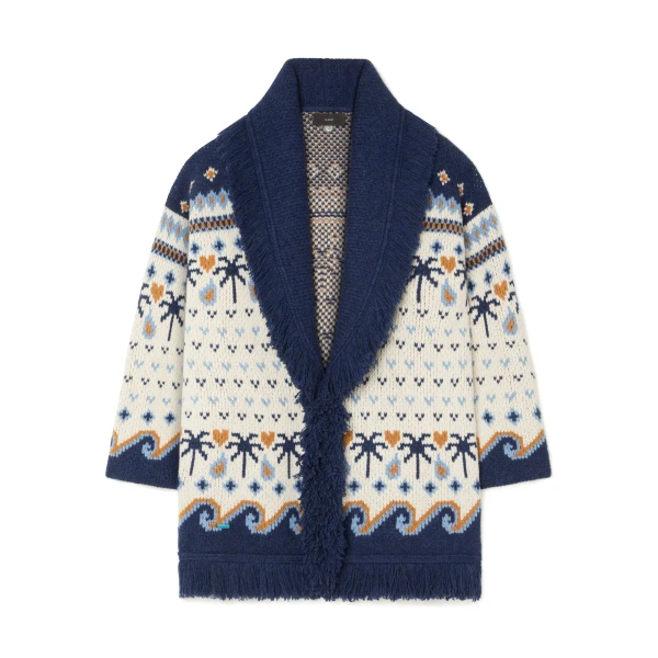 Alanui Sweet Winter Cardigan in Chalk and Midnight Blue | Cardigan | Coveti