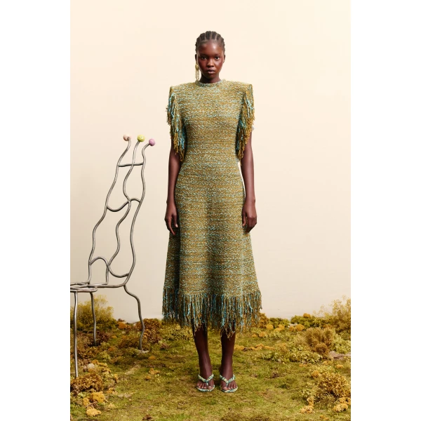 Alemais Nieve Khaki Sequin Knit Midi Dress