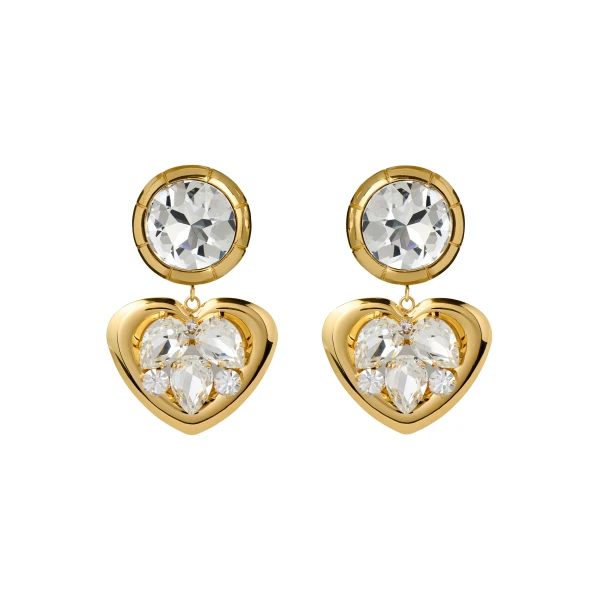 Alessandra Rich Crystal Earrings with Heart Pendant in Crystal and Gold