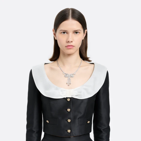 Alessandra Rich Crystal Necklace with Bow in Crystal and Silver, view 2