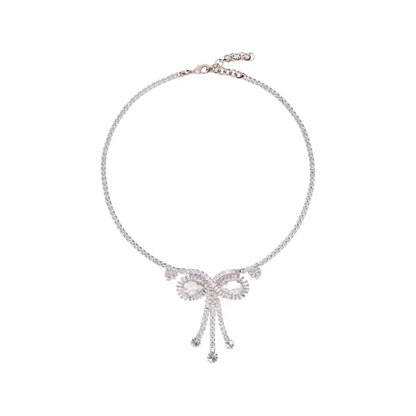 Alessandra Rich Crystal Necklace with Bow in Crystal and Silver
