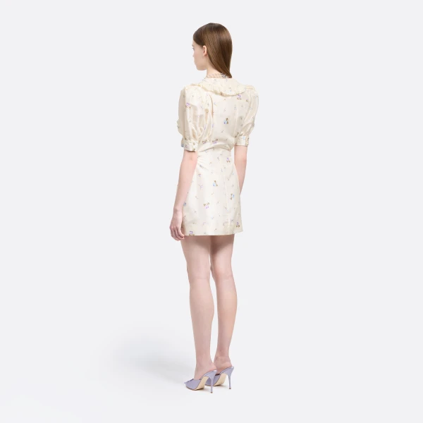 Alessandra Rich Floral-Print Silk Taffeta Mini Dress with Buckles in White and Multi, view 3