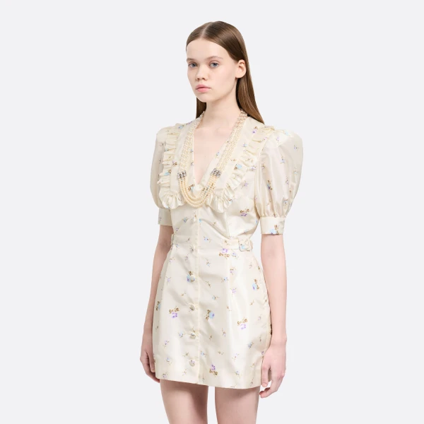 Alessandra Rich Floral-Print Silk Taffeta Mini Dress with Buckles in White and Multi, view 4