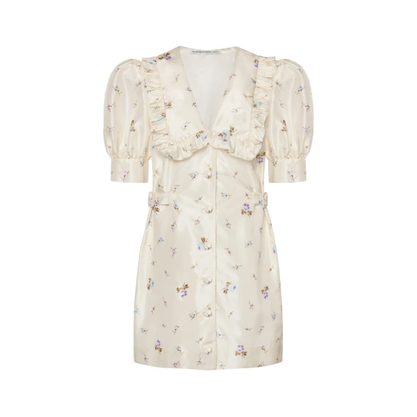 Floral-Print Silk Taffeta Mini Dress with Buckles in White and Multi