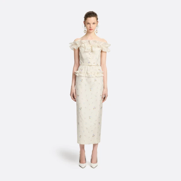 Alessandra Rich Floral-Print Silk Taffeta Off-Shoulder Dress in White and Multi, view 2