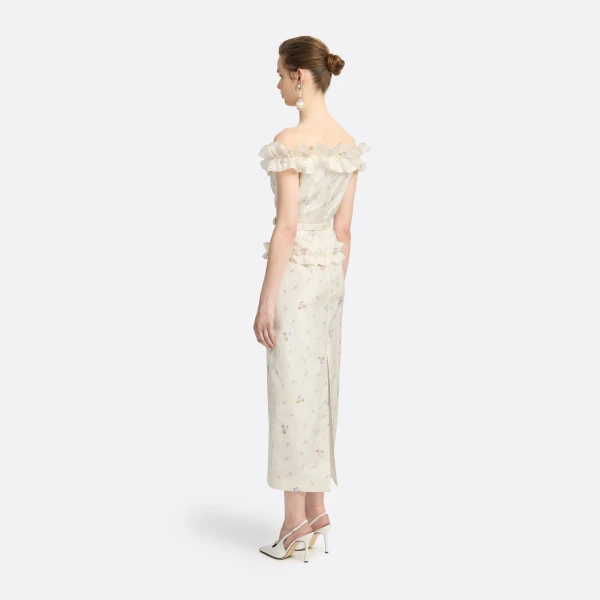 Alessandra Rich Floral-Print Silk Taffeta Off-Shoulder Dress in White and Multi, view 4
