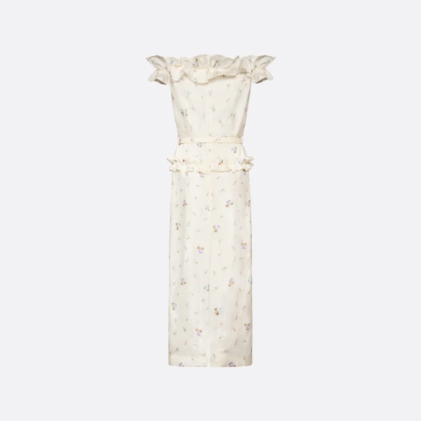 Alessandra Rich Floral-Print Silk Taffeta Off-Shoulder Dress in White and Multi, view 5
