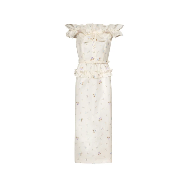 Floral-Print Silk Taffeta Off-Shoulder Dress in White and Multi