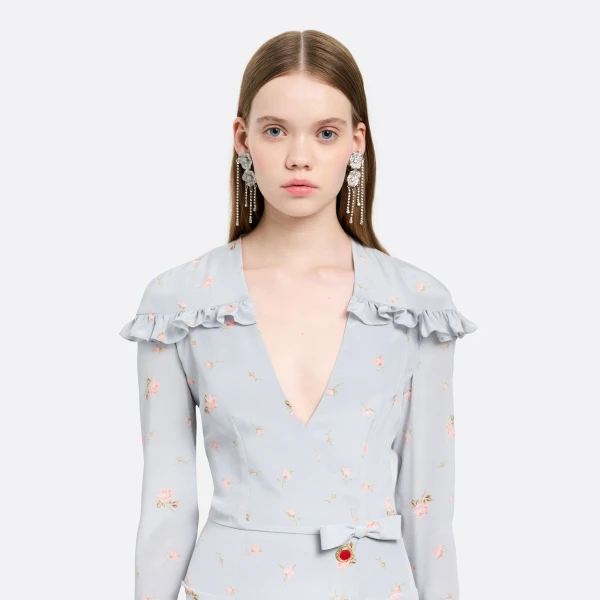 Alessandra Rich Flower Earrings with Crystal Fringes in Crystal and Silver, view 2